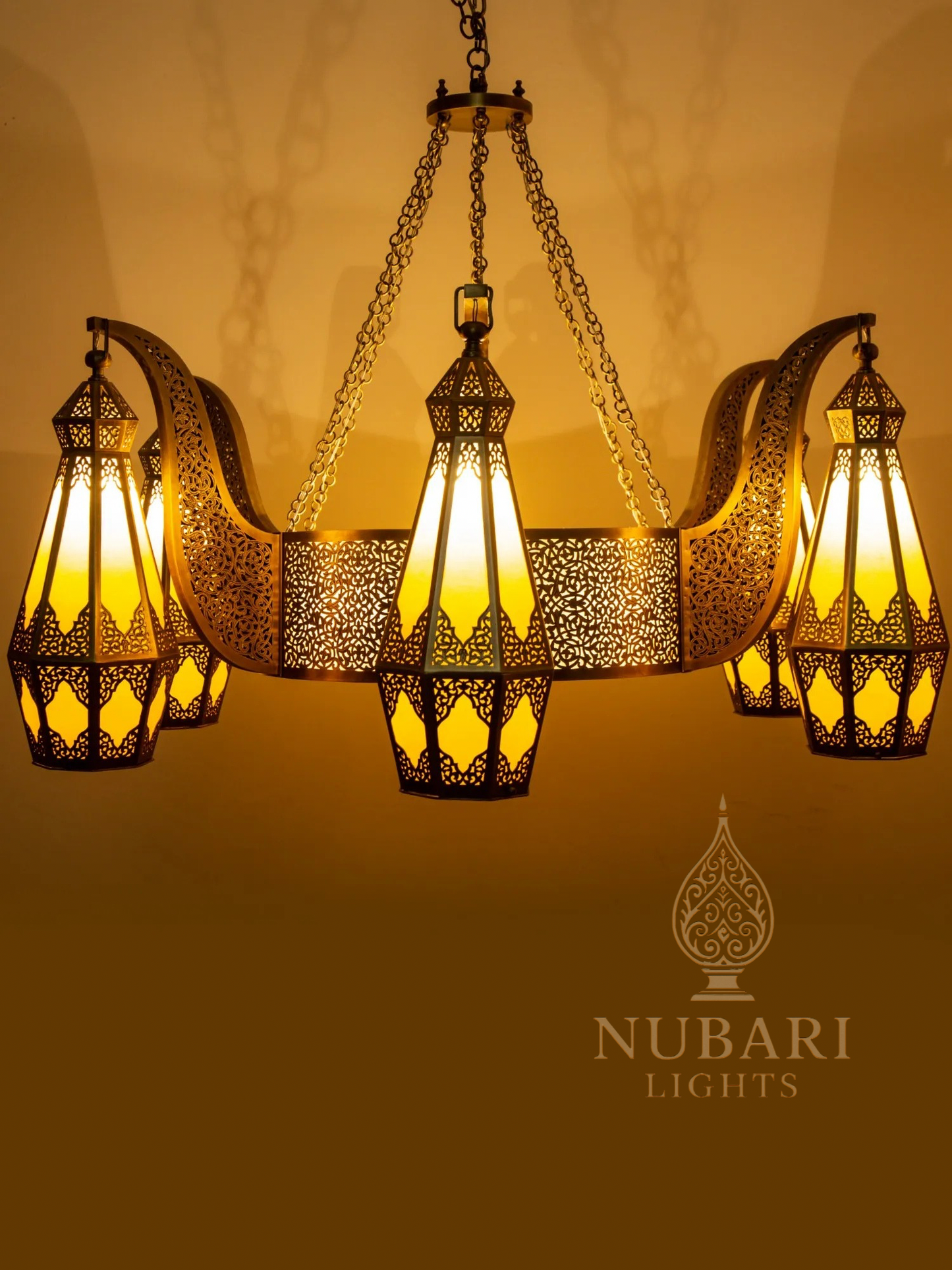 Tifrit Moroccan Brass Chandelier – Handmade Ceiling Light with Six Lanterns