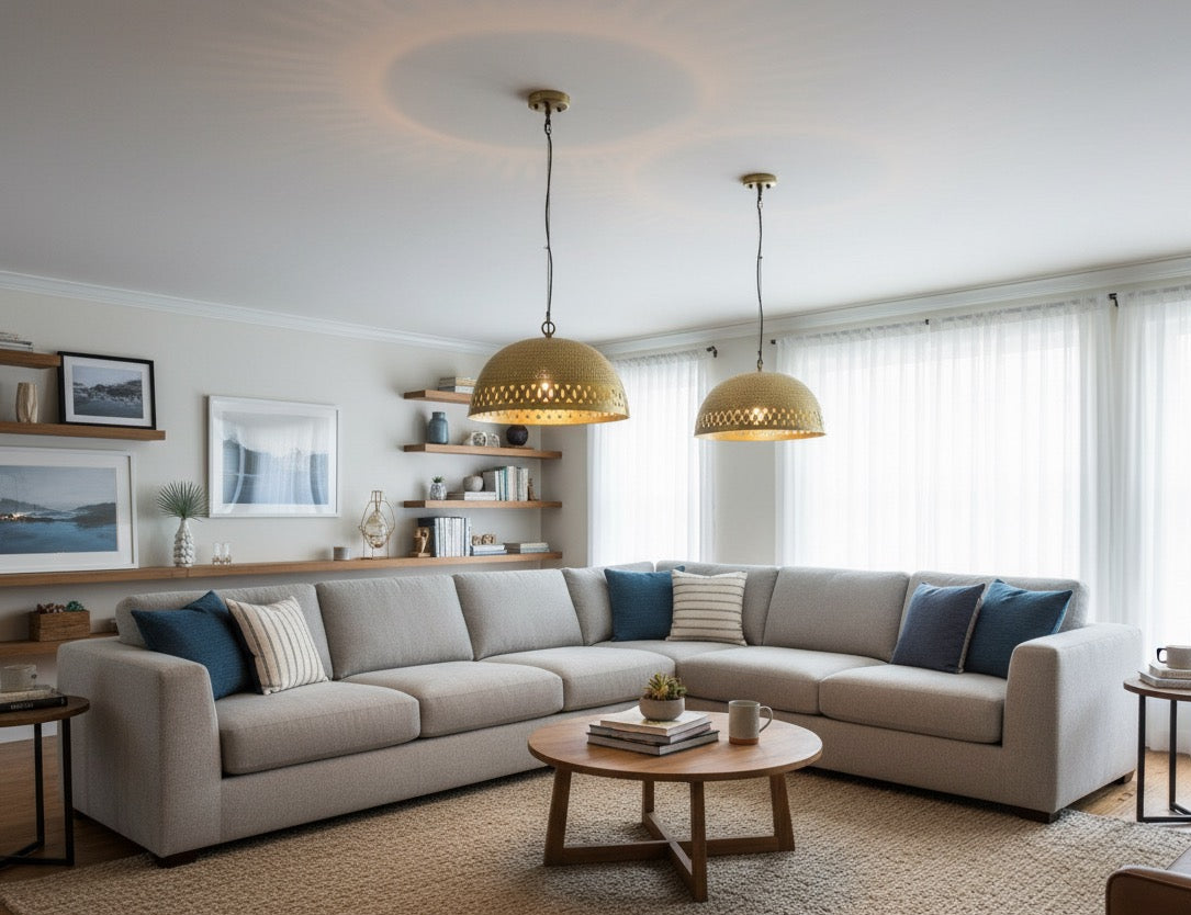 Modern living room with a sectional sofa, coffee table, and decorative elements.