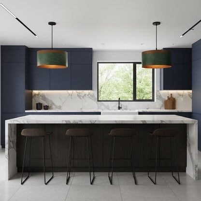 Handmade Green Patina Copper Drum Pendant – Rustic Industrial Ceiling Light – Kitchen Island Lighting Fixture