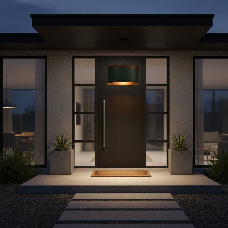 Modern house entrance with a pendant light, steps, and potted plants at night.