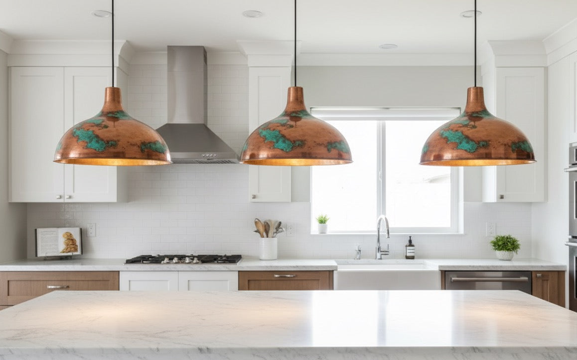 Green Patina Copper Dome Pendant Light | Handmade Copper Ceiling Light | Industrial Farmhouse Lighting | Rustic Kitchen Island Lamp
