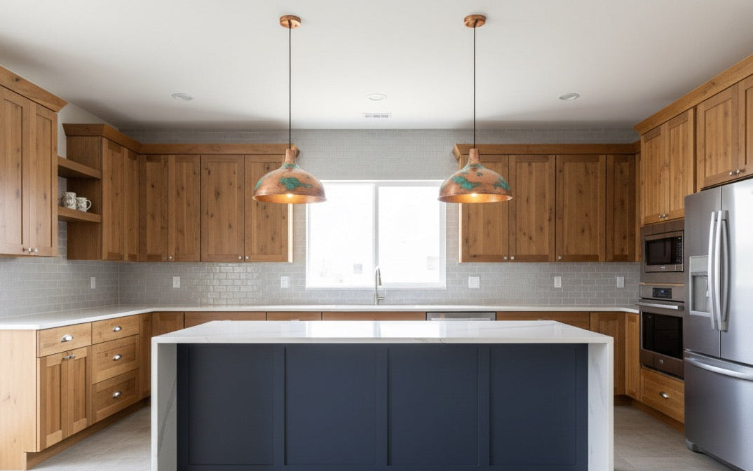 Modern kitchen with wooden cabinets, a blue island, and stainless steel appliances.