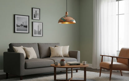 Living room with gray sofa, wooden coffee table, and brown armchair.