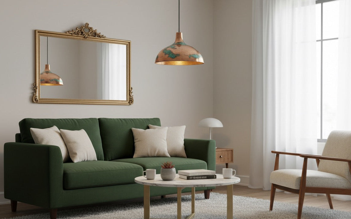 Modern living room with a green sofa, coffee table, and armchair.
