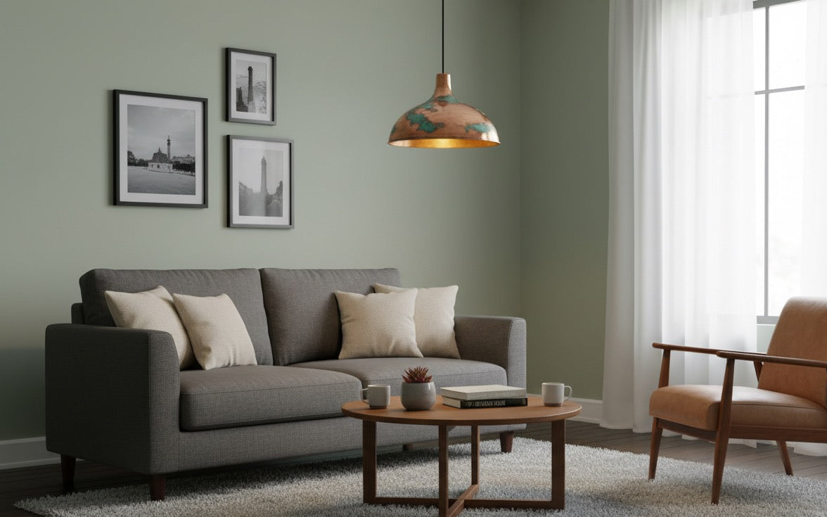 Modern living room with gray sofa, wooden coffee table, and brown armchair.