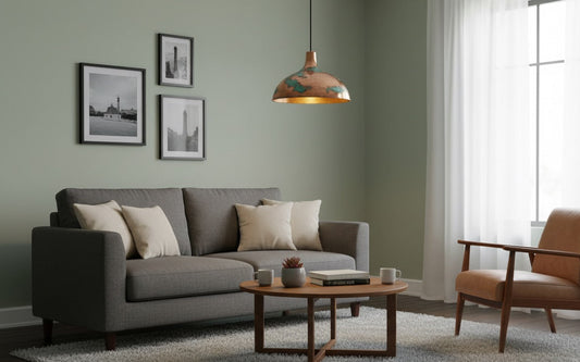 Modern living room with gray sofa, wooden coffee table, and brown armchair.