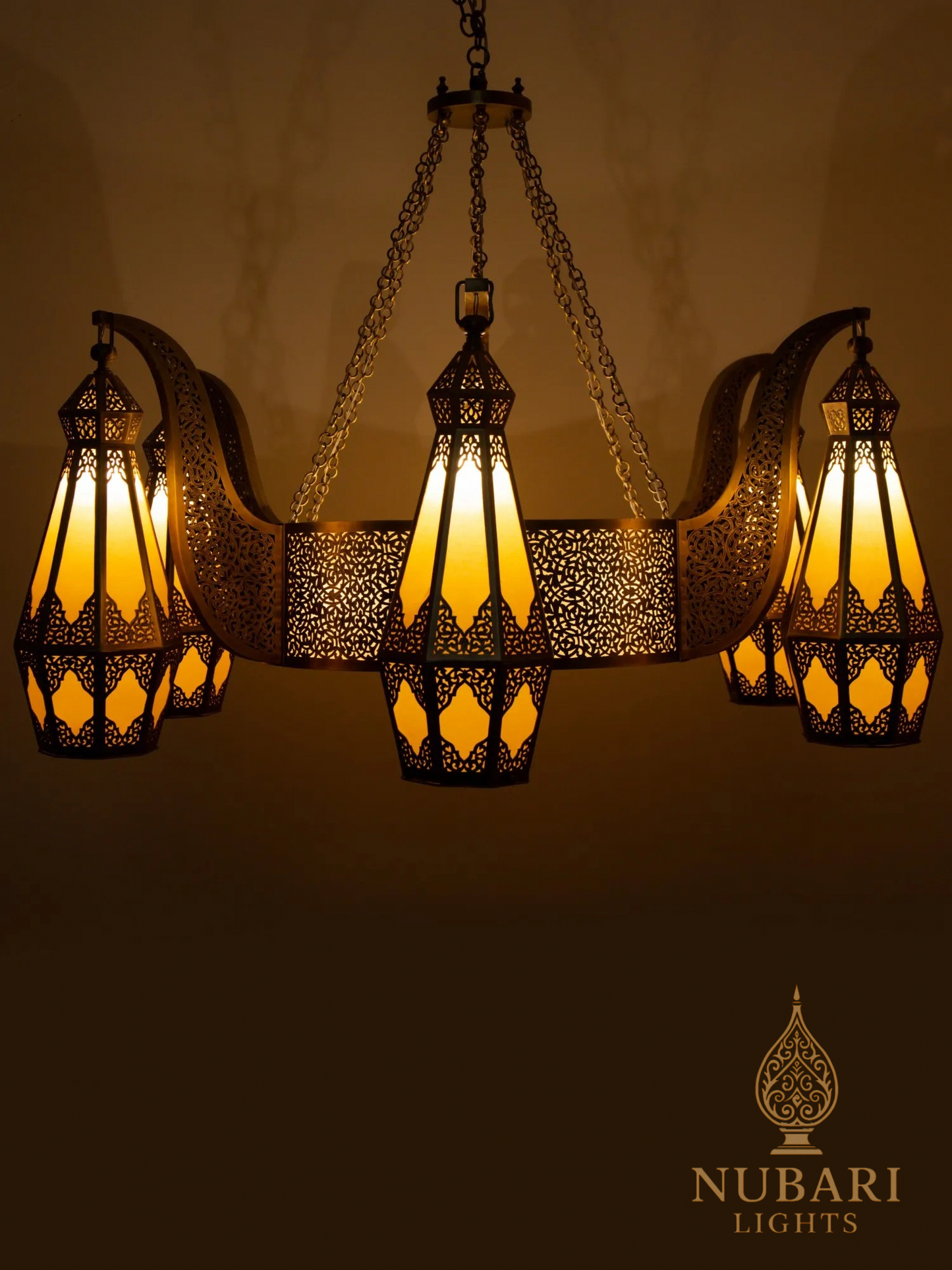 Tifrit Moroccan Brass Chandelier – Handmade Ceiling Light with Six Lanterns