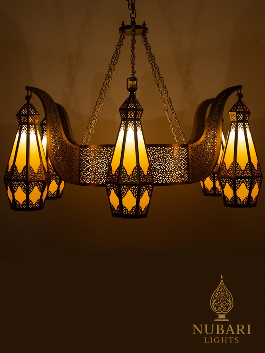 Tifrit Moroccan Brass Chandelier – Handmade Ceiling Light with Six Lanterns