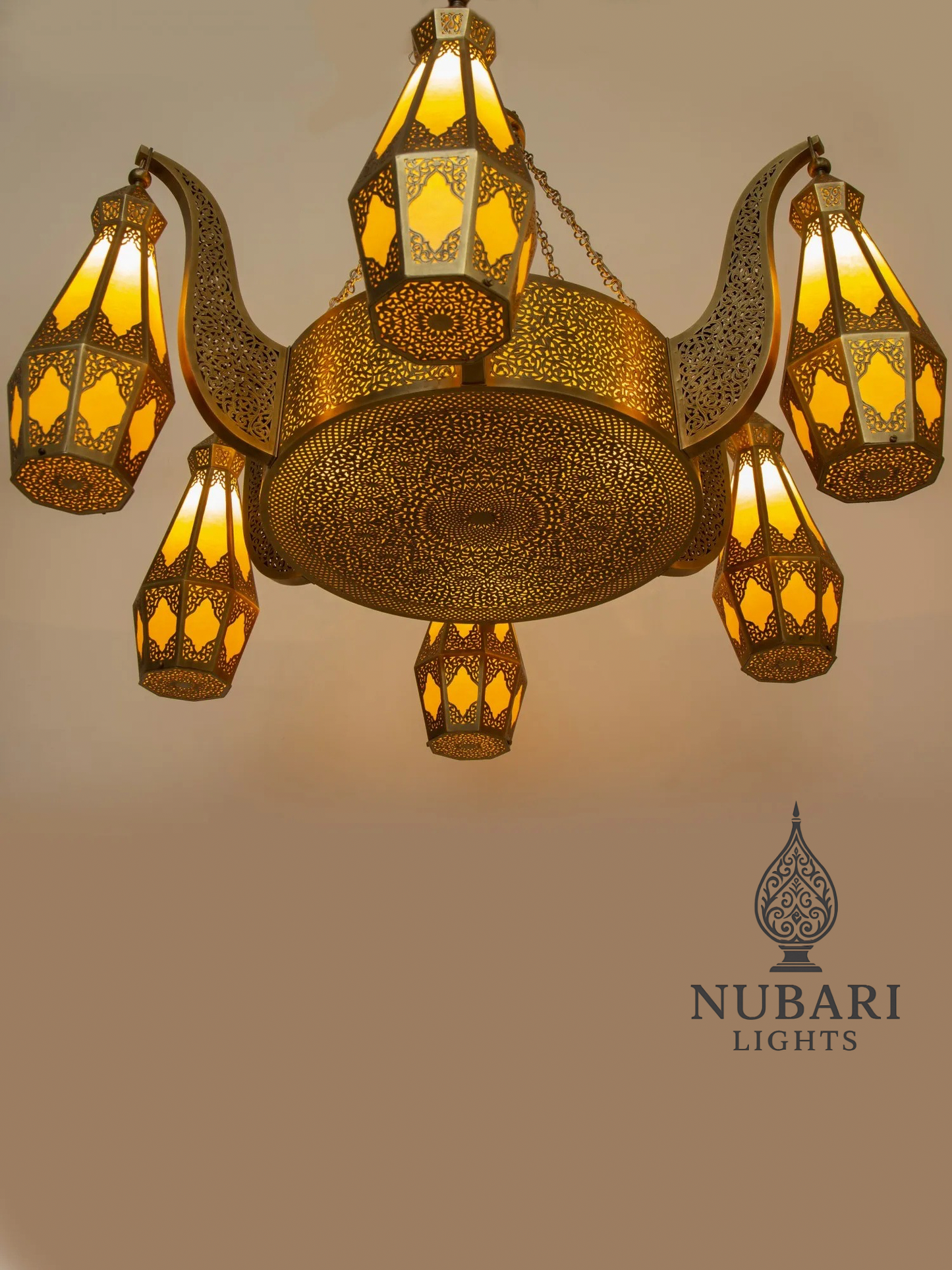 Tifrit Moroccan Brass Chandelier – Handmade Ceiling Light with Six Lanterns