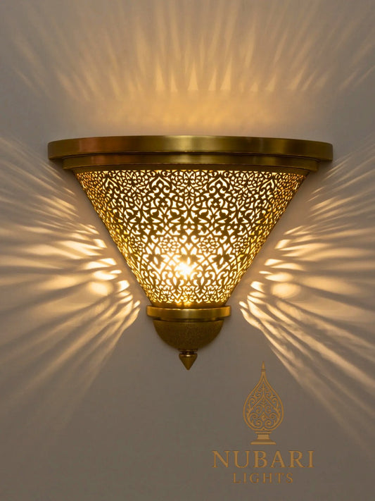 Handmade Moroccan Brass Wall Light – Inverted Half-Cone Sconce – Oriental Pierced Lighting