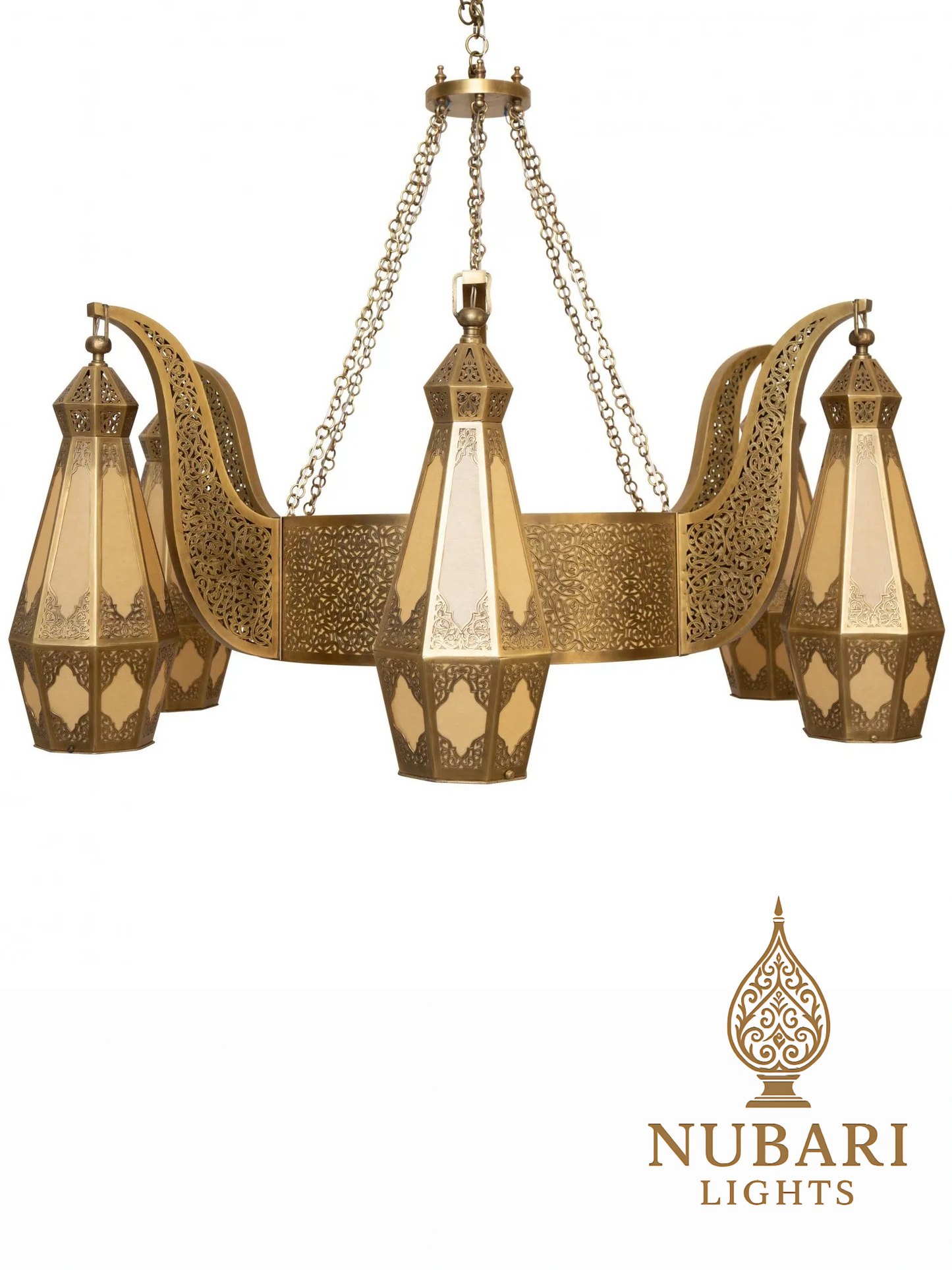 Tifrit Moroccan Brass Chandelier – Handmade Ceiling Light with Six Lanterns
