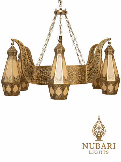 Tifrit Moroccan Brass Chandelier – Handmade Ceiling Light with Six Lanterns
