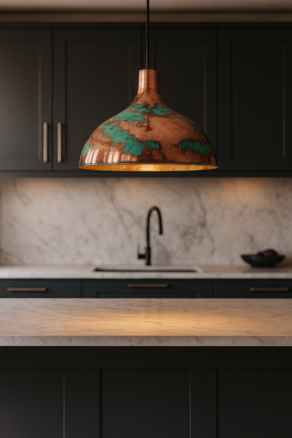 Modern kitchen with wooden pendant light, black cabinets, and marble backsplash.
