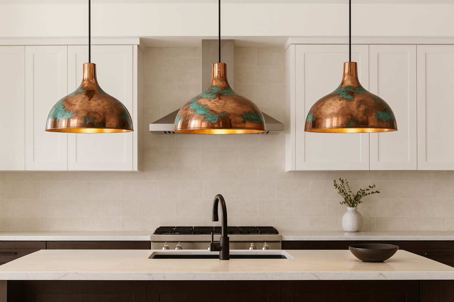 Modern kitchen with copper pendant lights, marble countertop, and stainless steel appliances.