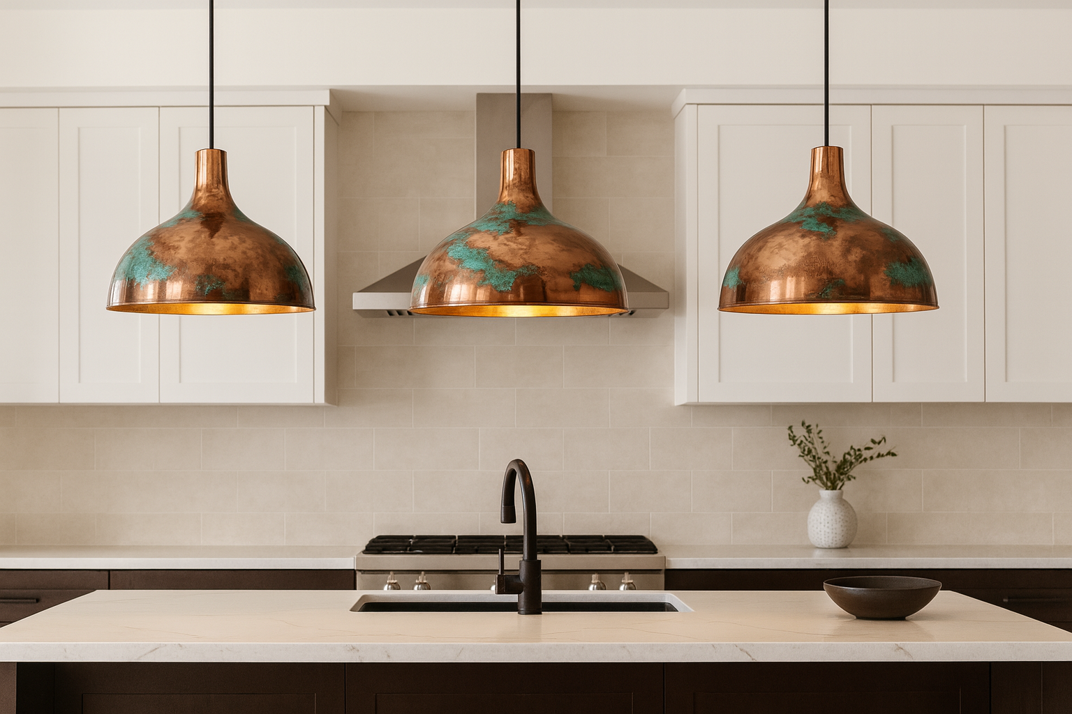Modern kitchen with copper pendant lights, marble countertop, and stainless steel appliances.