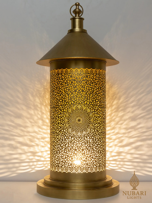 Handmade Moroccan Brass Cylinder Lantern – Tall Pierced Floor & Table Lamp