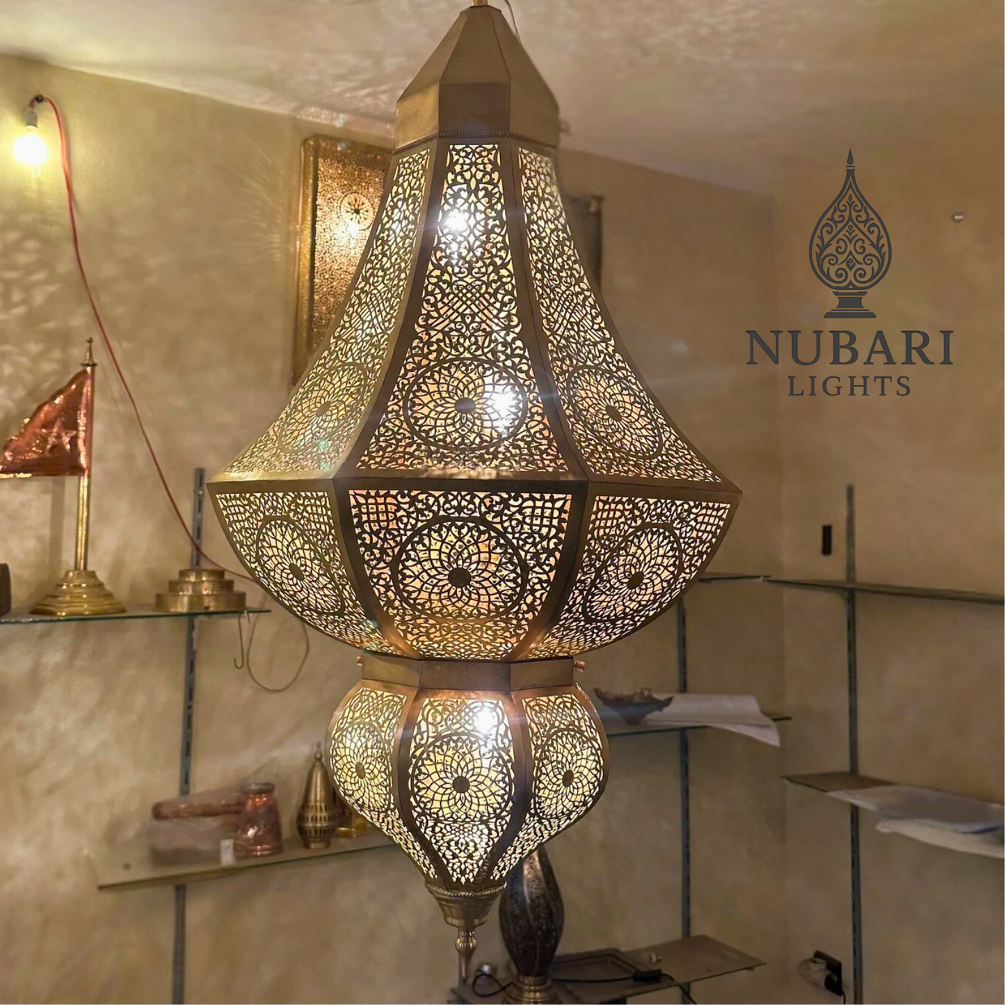 Handmade Moroccan Brass Chandelier – Large Oriental Pendant Light – Pierced Ceiling Lamp – Entryway, Living Room & Hotel Decor