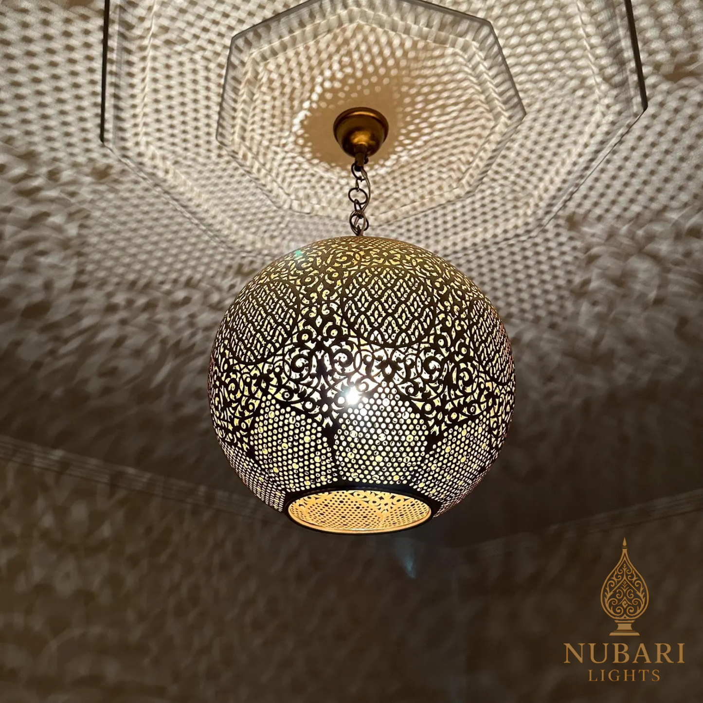 Handmade Moroccan Brass Globe Pendant Light – Oriental Ceiling Lamp – Boho Shadow Chandelier