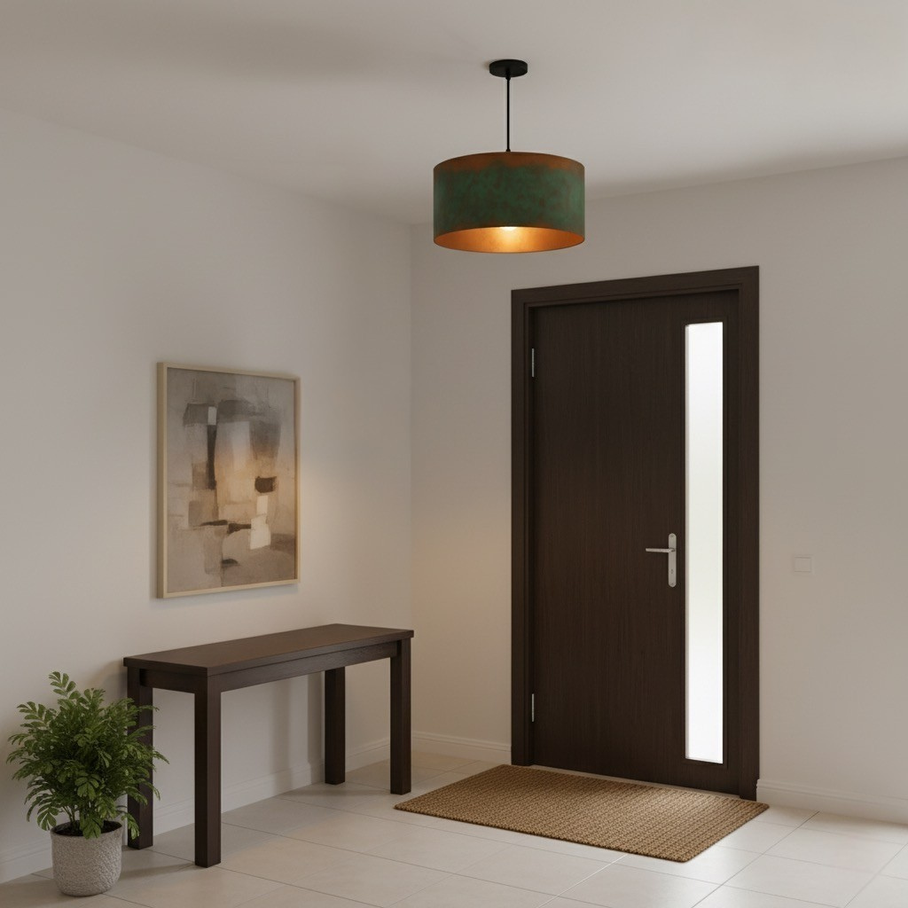 Modern interior design of a hallway with a dark wooden door, table, and lamp.