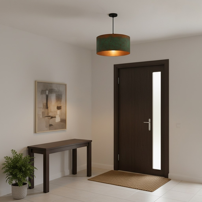 Modern interior design of a hallway with a dark wooden door, table, and lamp.