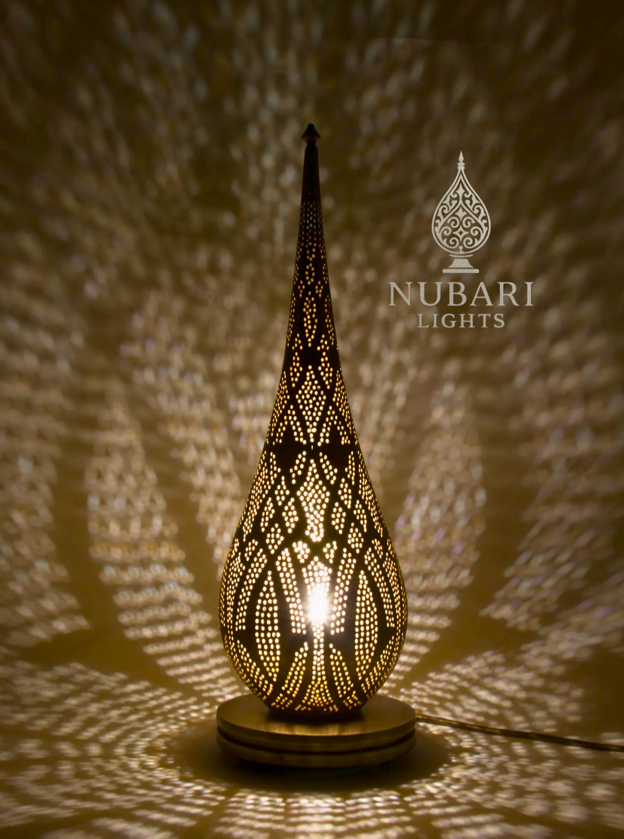 Handmade Moroccan Teardrop Brass Table Lamp – Elongated Pierced Design