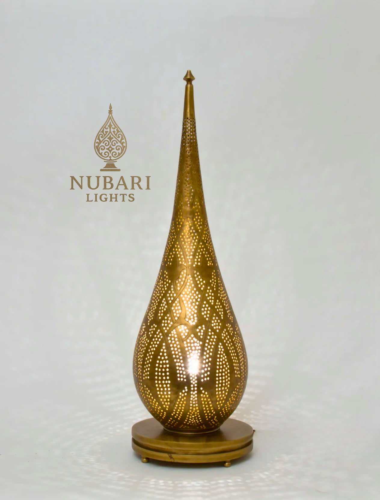 Handmade Moroccan Teardrop Brass Table Lamp – Elongated Pierced Design