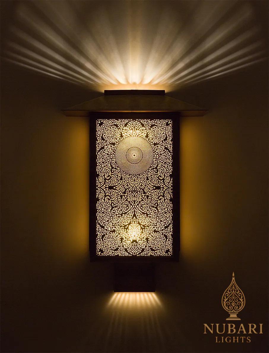 Handmade Moroccan Brass Wall Light – Rectangular Pierced Lantern – Modern Moorish Sconce