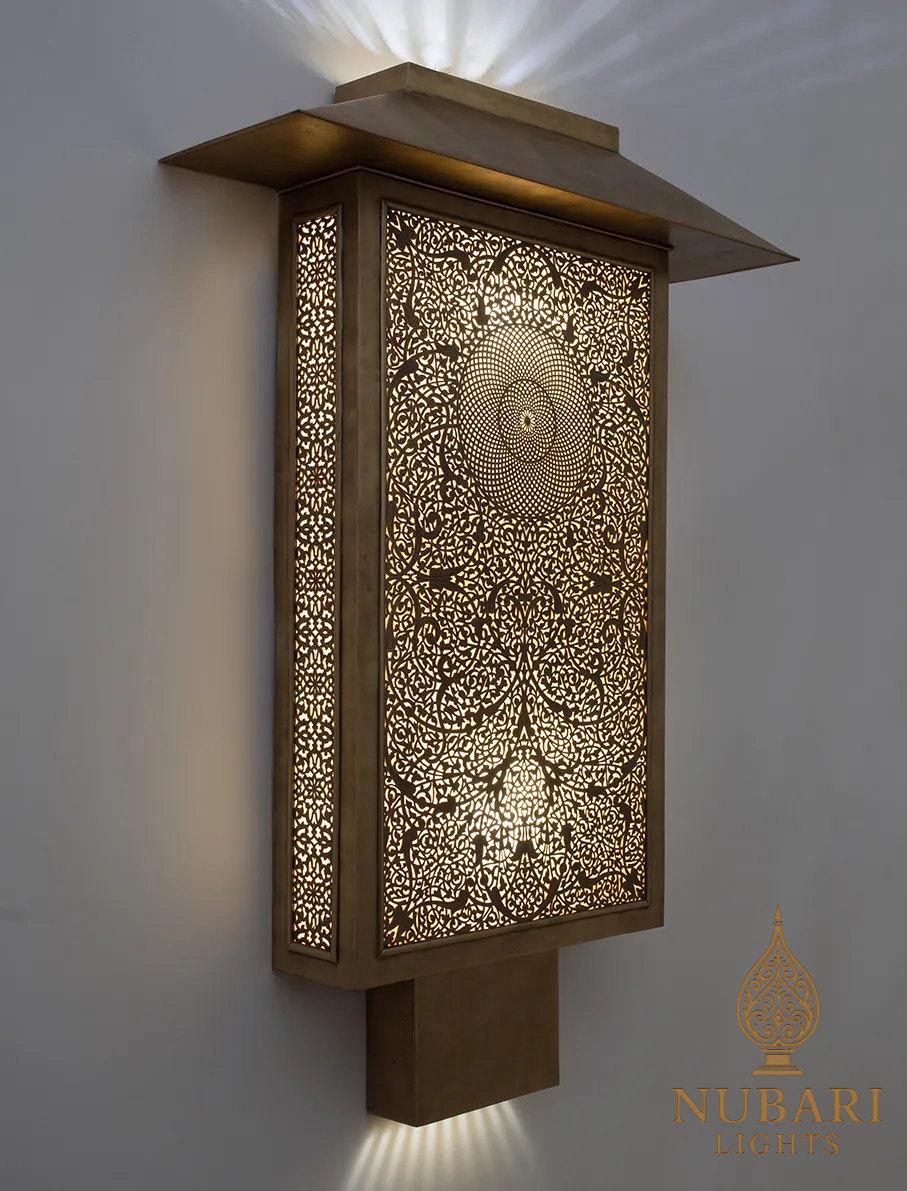 Handmade Moroccan Brass Wall Light – Rectangular Pierced Lantern – Modern Moorish Sconce