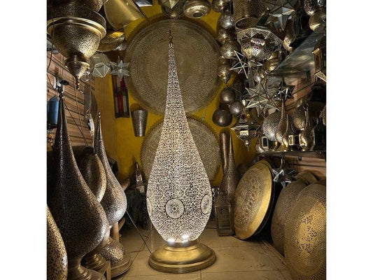 Handmade Brass Teardrop Floor Lamp – Moroccan Pierced Lighting